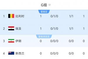 世界杯G组积分榜:比利时埃及战平各积1分,9点伊朗vs新西兰配图